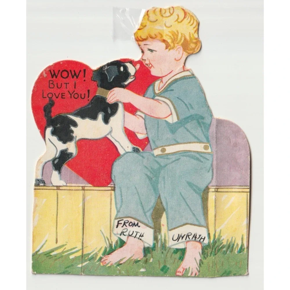Vintage 1937 Carrington Co Chicago Valentine Card Boy Puppy Dog Die-Cut Heart